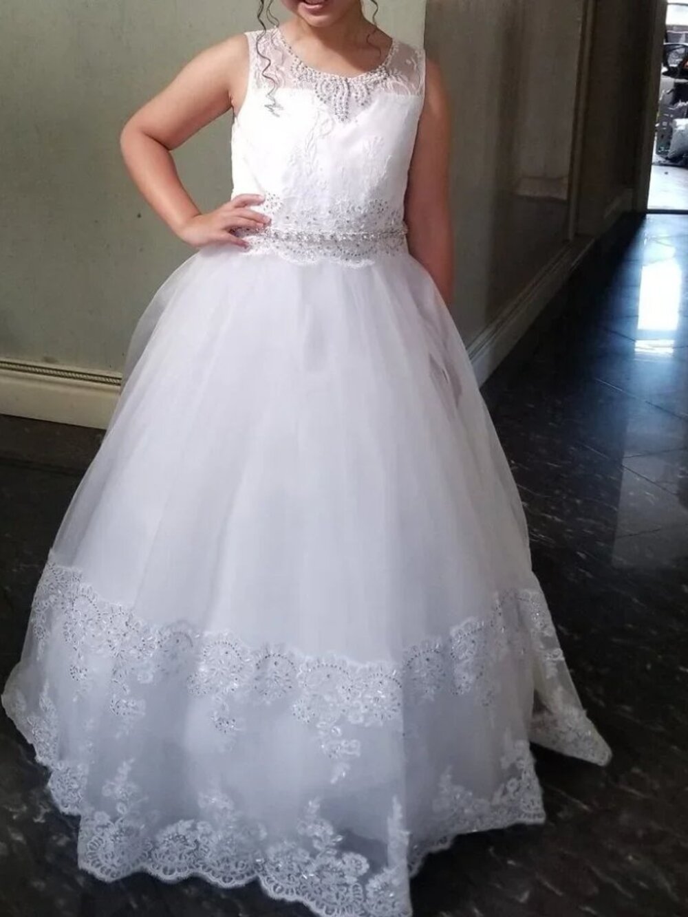 Communion White Lace Flower Girl Dress Butterfly Cape with Bow Size 12